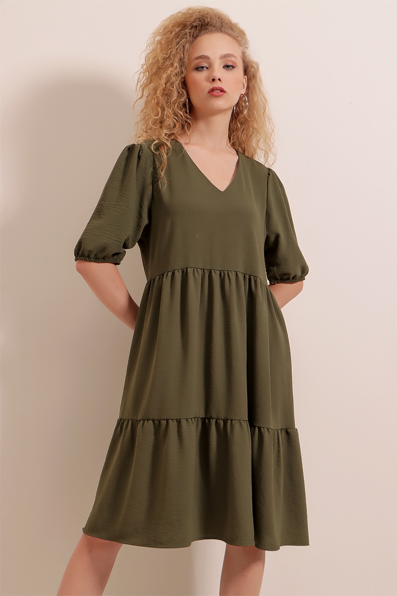 2346 V Yaka Ayrobin Elbise - Haki - BİGDART