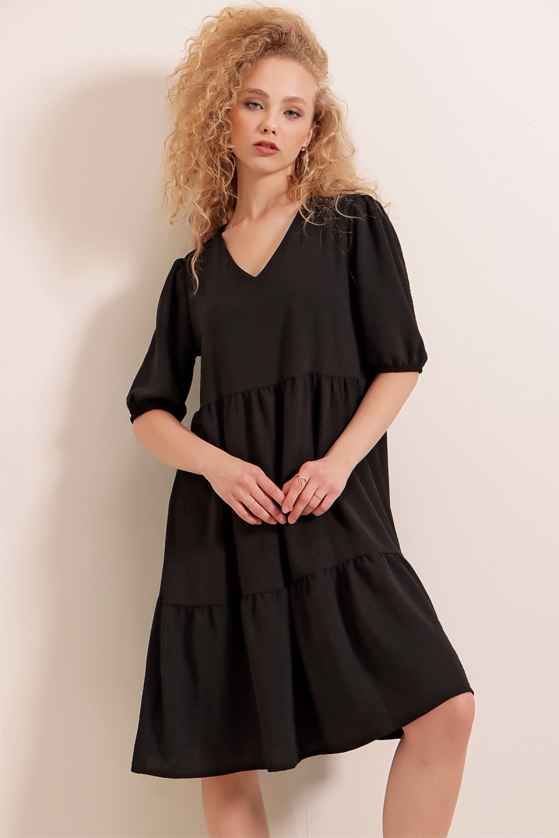 2346 V Yaka Ayrobin Elbise - Siyah - BİGDART