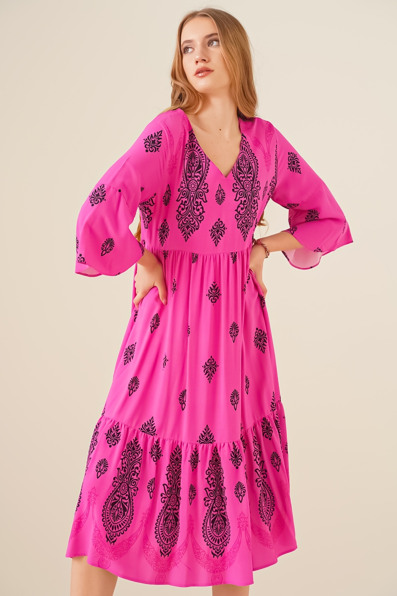 2349 V Yaka Desenli Elbise - Fuşya - BİGDART