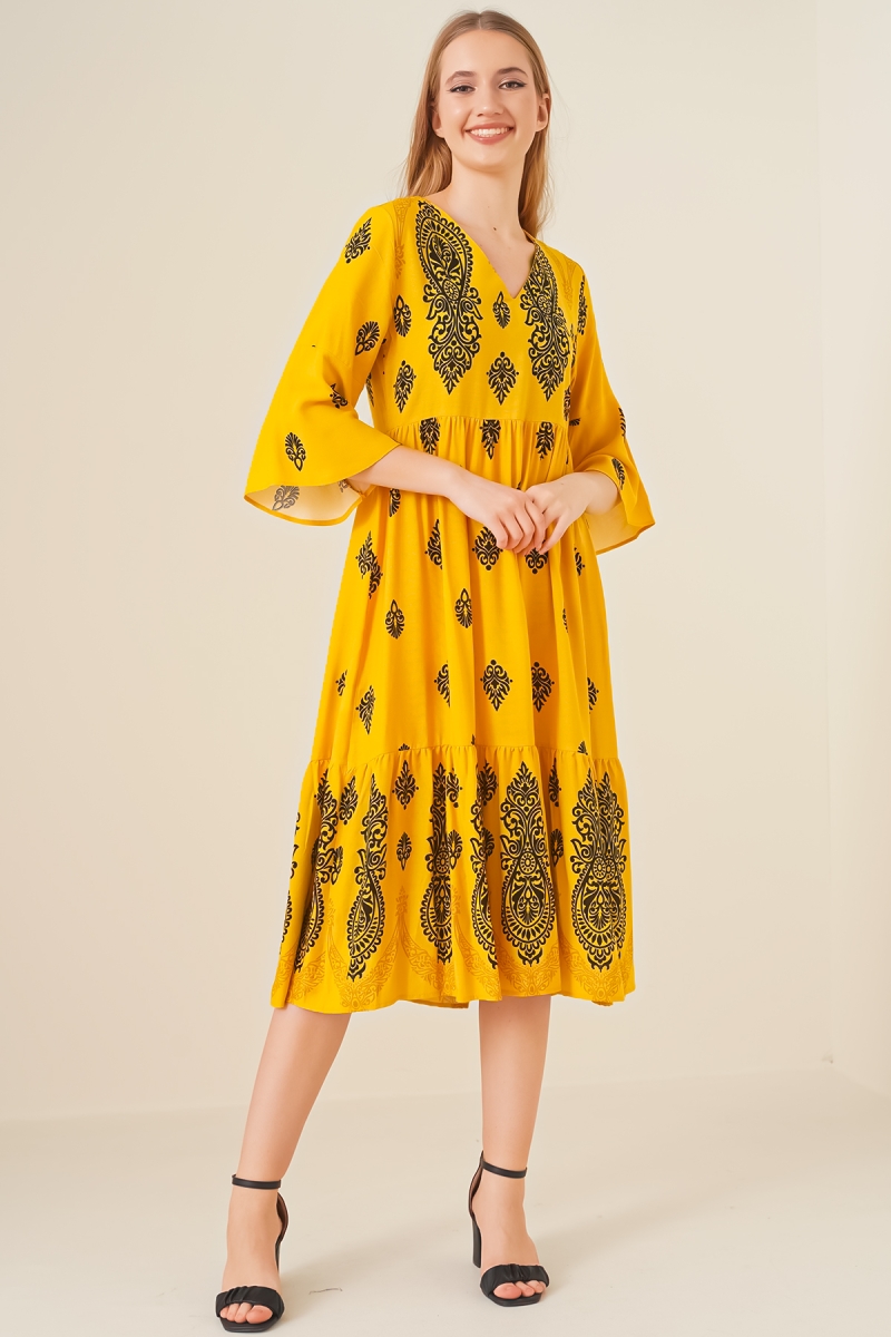 2349 V Yaka Desenli Elbise - Hardal - BİGDART