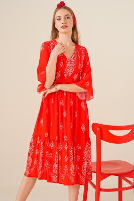 2349 V Yaka Desenli Elbise - Kırmızı 