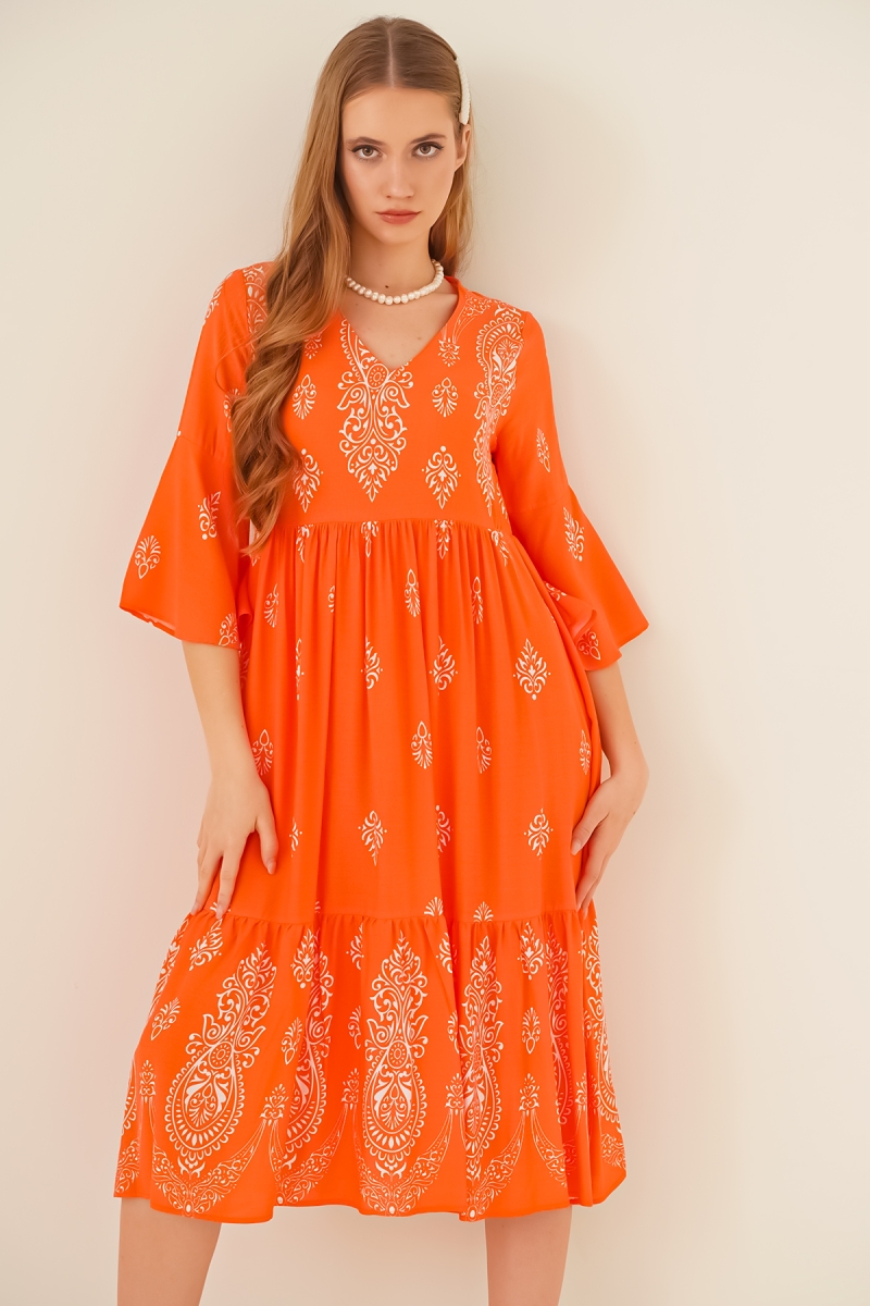 2349 V Yaka Desenli Elbise - Oranje - BİGDART