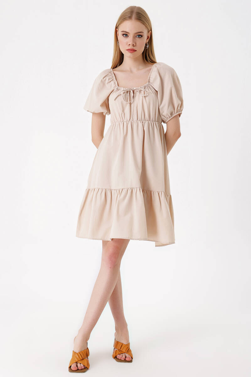 2351 Kloş Poplin Elbise - Bej - BİGDART