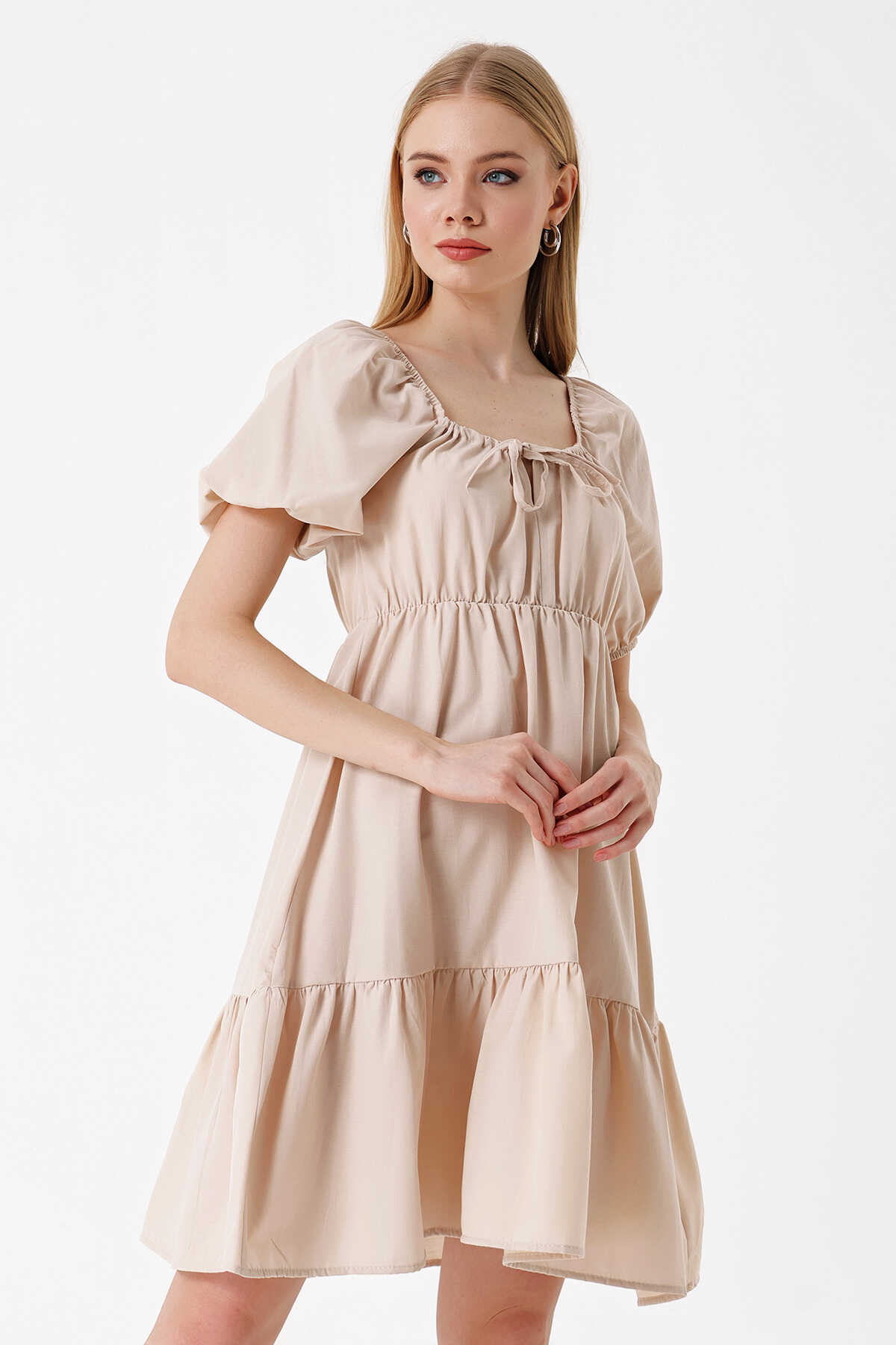 2351 Kloş Poplin Elbise - Bej - 2