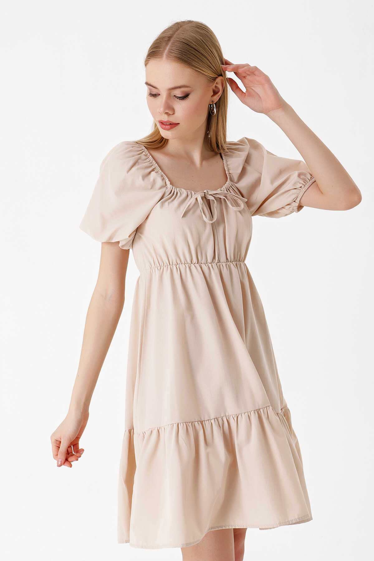 2351 Kloş Poplin Elbise - Bej - 4