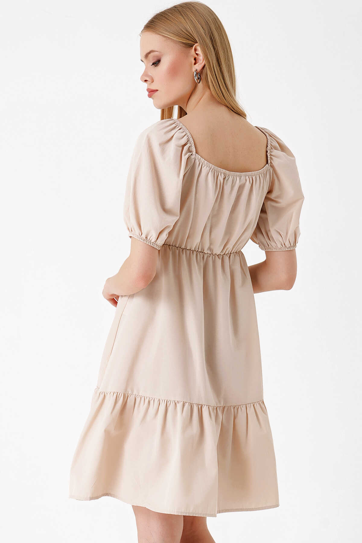 2351 Kloş Poplin Elbise - Bej - 5