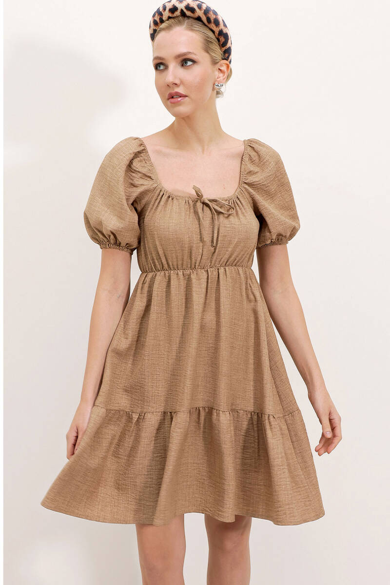 2351 Kloş Poplin Elbise - Camel - BİGDART