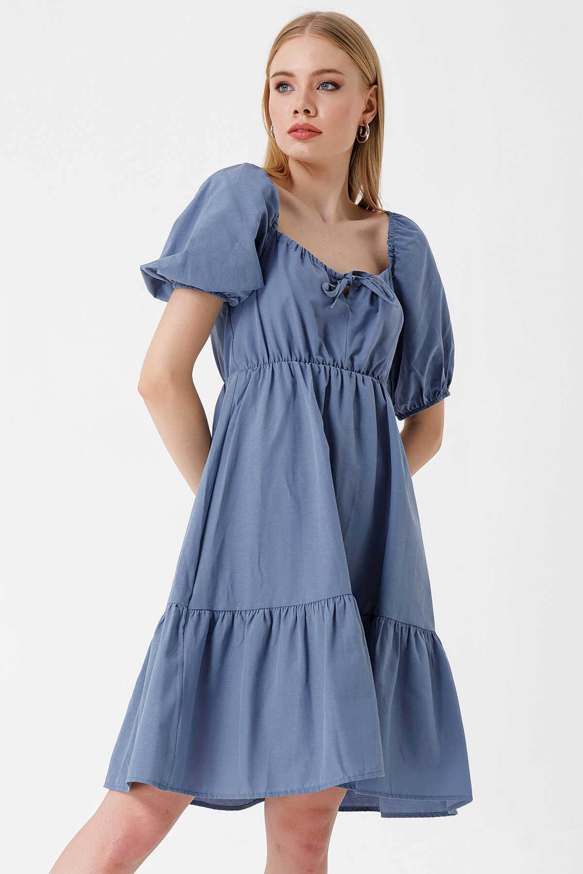 2351 Kloş Poplin Elbise - İndigo - 3