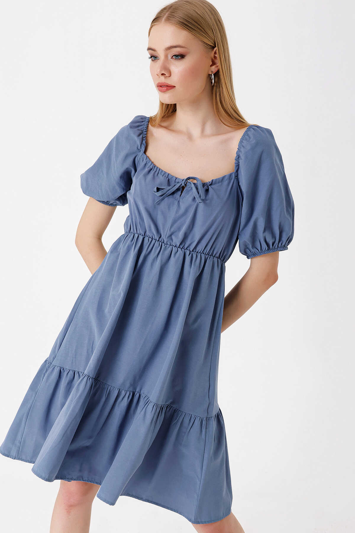 2351 Kloş Poplin Elbise - İndigo - 4