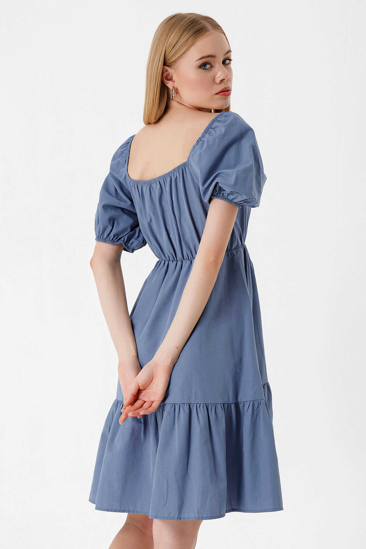 2351 Kloş Poplin Elbise - İndigo - 5