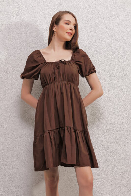 2351 Kloş Poplin Elbise - Kahverengi - 5