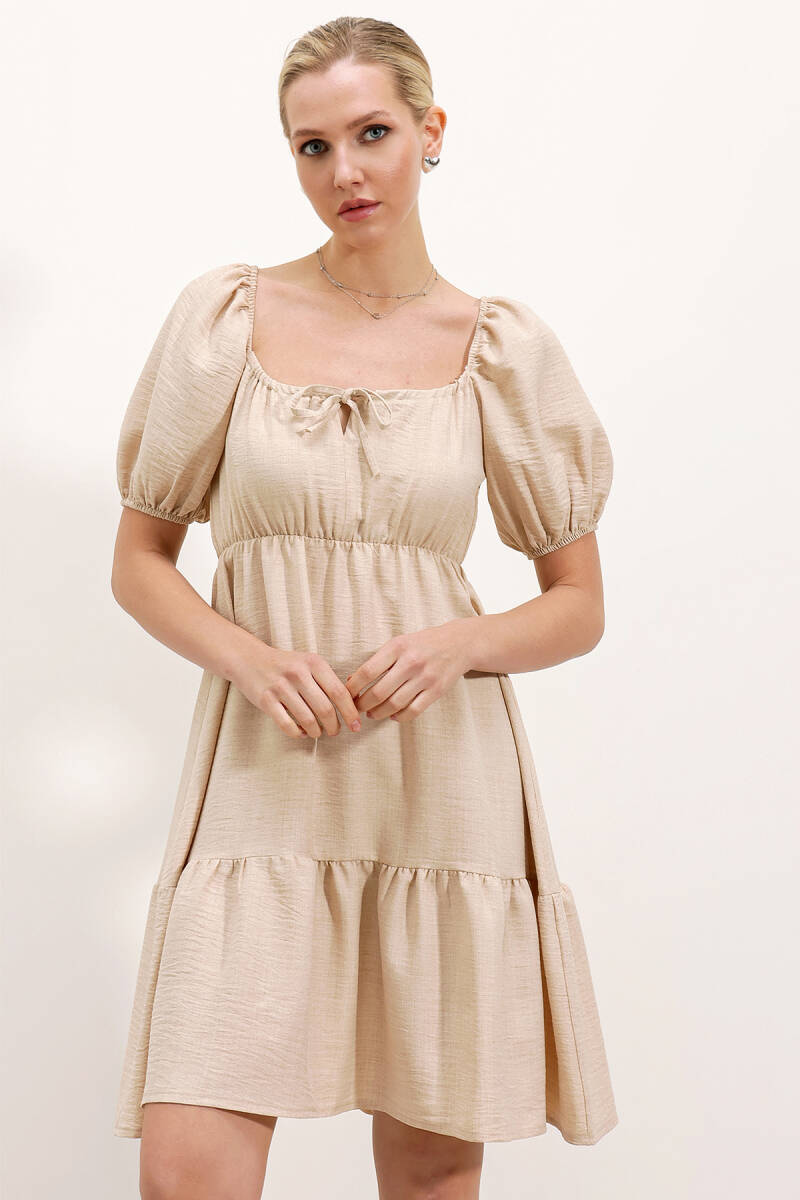2351 Kloş Poplin Elbise - Krem - BİGDART