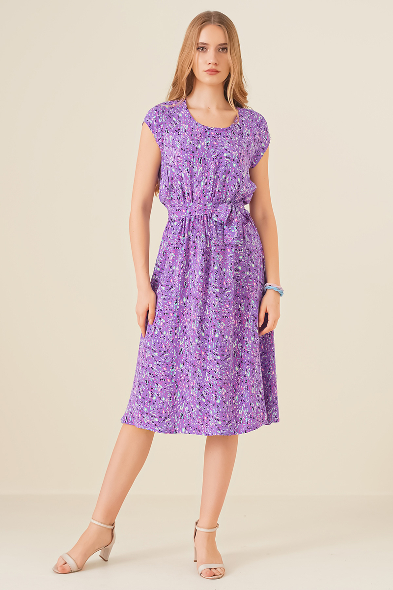 2354 Desenli Sıfır Kol Elbise - Mor - BİGDART