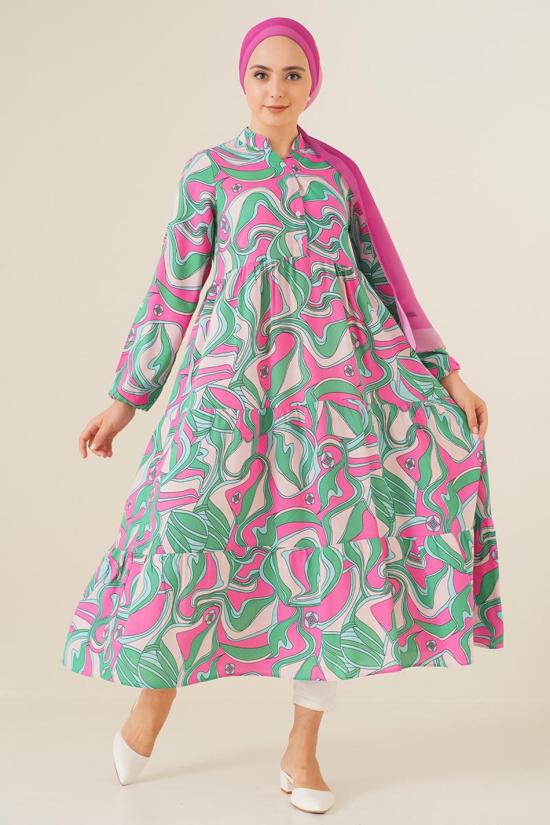 2358 Hakim Yaka Desenli Elbise - Pembe - BİGDART