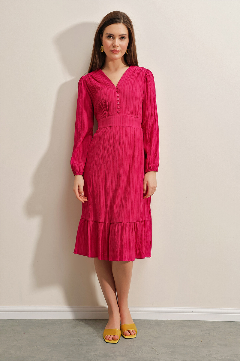 2371 Volanlı Dokuma Elbise - Fuşya - BİGDART
