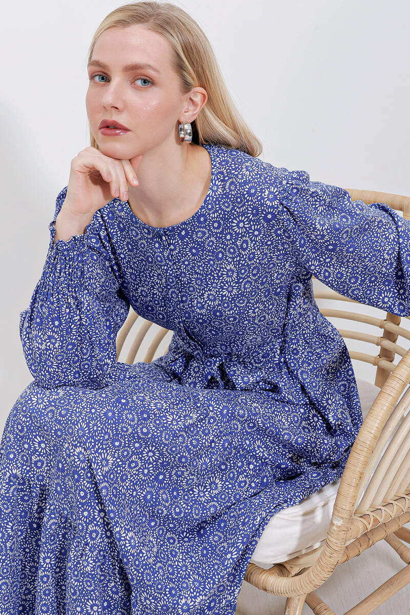 2374 Desenli Uzun Viskon Elbise - Saks - BİGDART