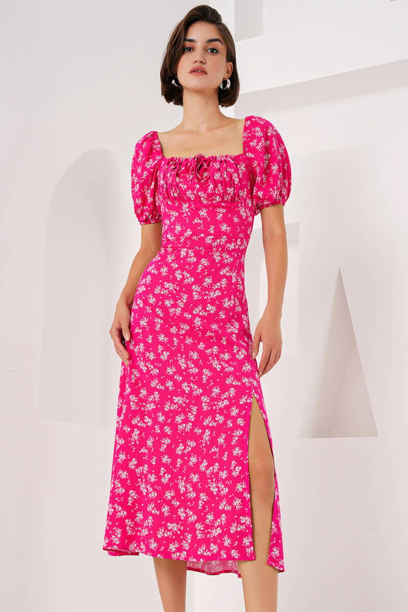 2387 Yırtmaç Detaylı Elbise - Fuşya - BİGDART