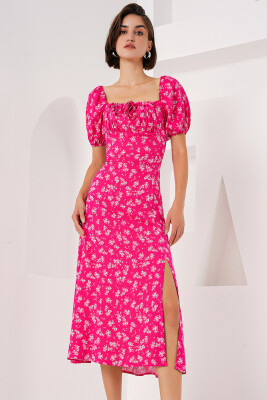 2387 Yırtmaç Detaylı Elbise - Fuşya 