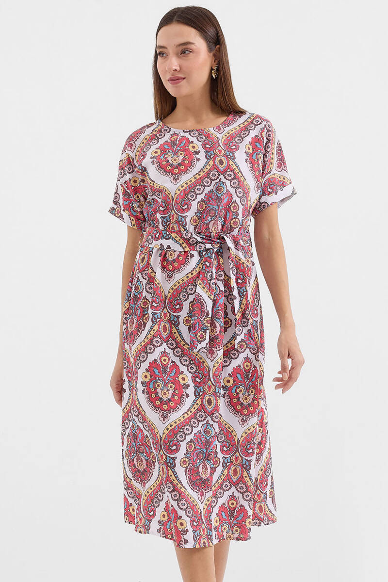 2389 Kemerli Keten Elbise - Nar - BİGDART