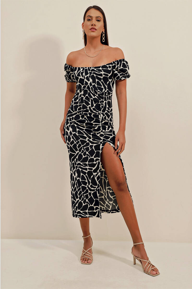 2396 Yırtmaçlı Yazlık Örme Elbise - A.Siyah - BİGDART