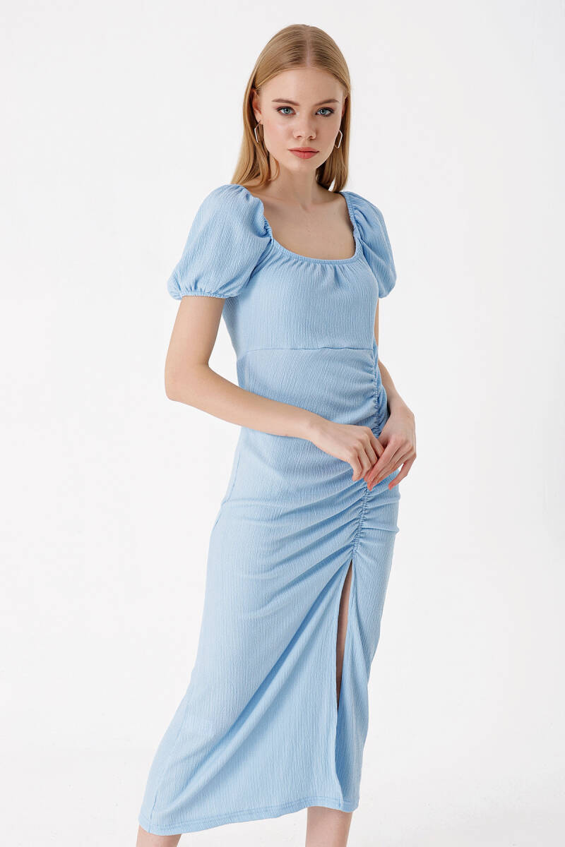2396 Yırtmaçlı Yazlık Örme Elbise - Mavi - BİGDART