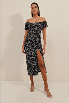 2396 Yırtmaçlı Yazlık Örme Elbise - Y.Siyah 