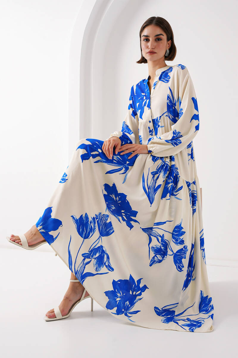 2423 Otantik Desenli Tesettür Elbise - A.Ekru - BİGDART