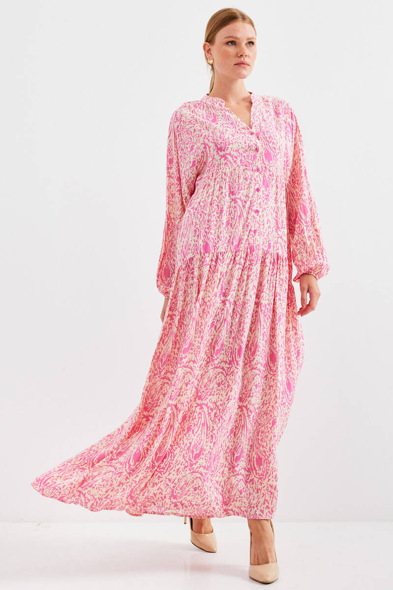 Kadın Desenli Pembe Viskon Tesettür Elbise 2423 - BİGDART