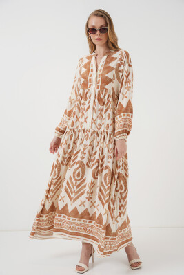 2423 Otantik Desenli Tesettür Elbise - B. Hardal 