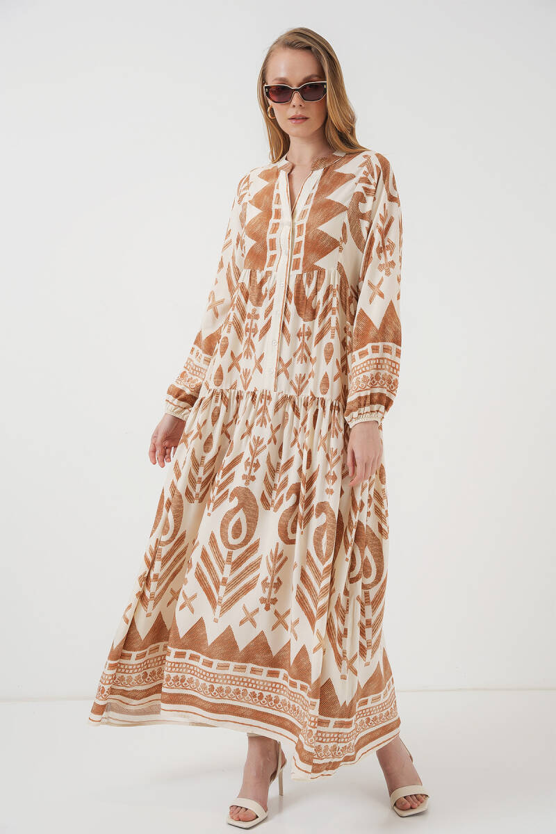 2423 Otantik Desenli Tesettür Elbise - B. Hardal - BİGDART