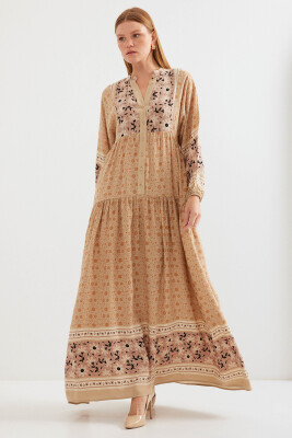 Kadın Bisküvi Bej Viskon Tesettür Elbise 2423 - BİGDART