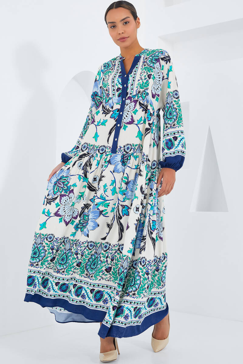 Kadın Lacivert Yeşil Viskon Tesettür Elbise 2423 - BİGDART