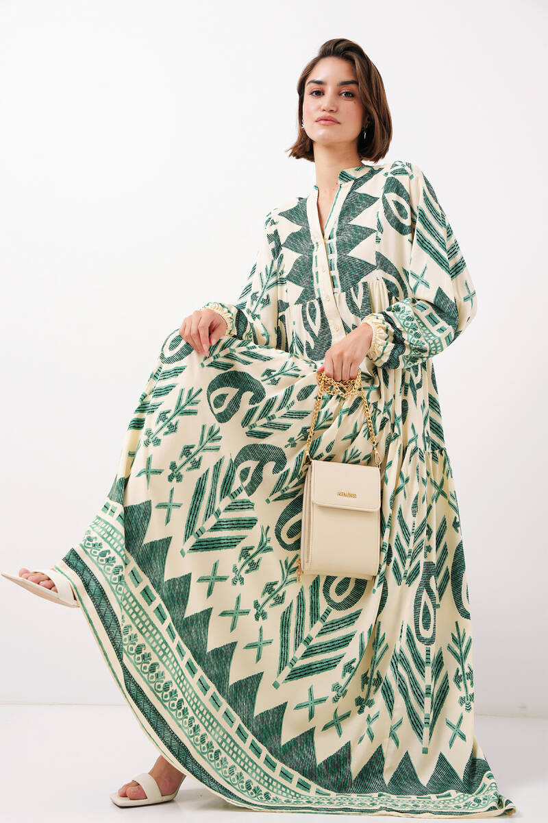 2423 Otantik Desenli Tesettür Elbise - B.Yeşil - BİGDART