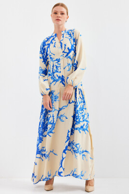 Kadın Krem Mavi Viskon Tesettür Elbise 2423 - BİGDART