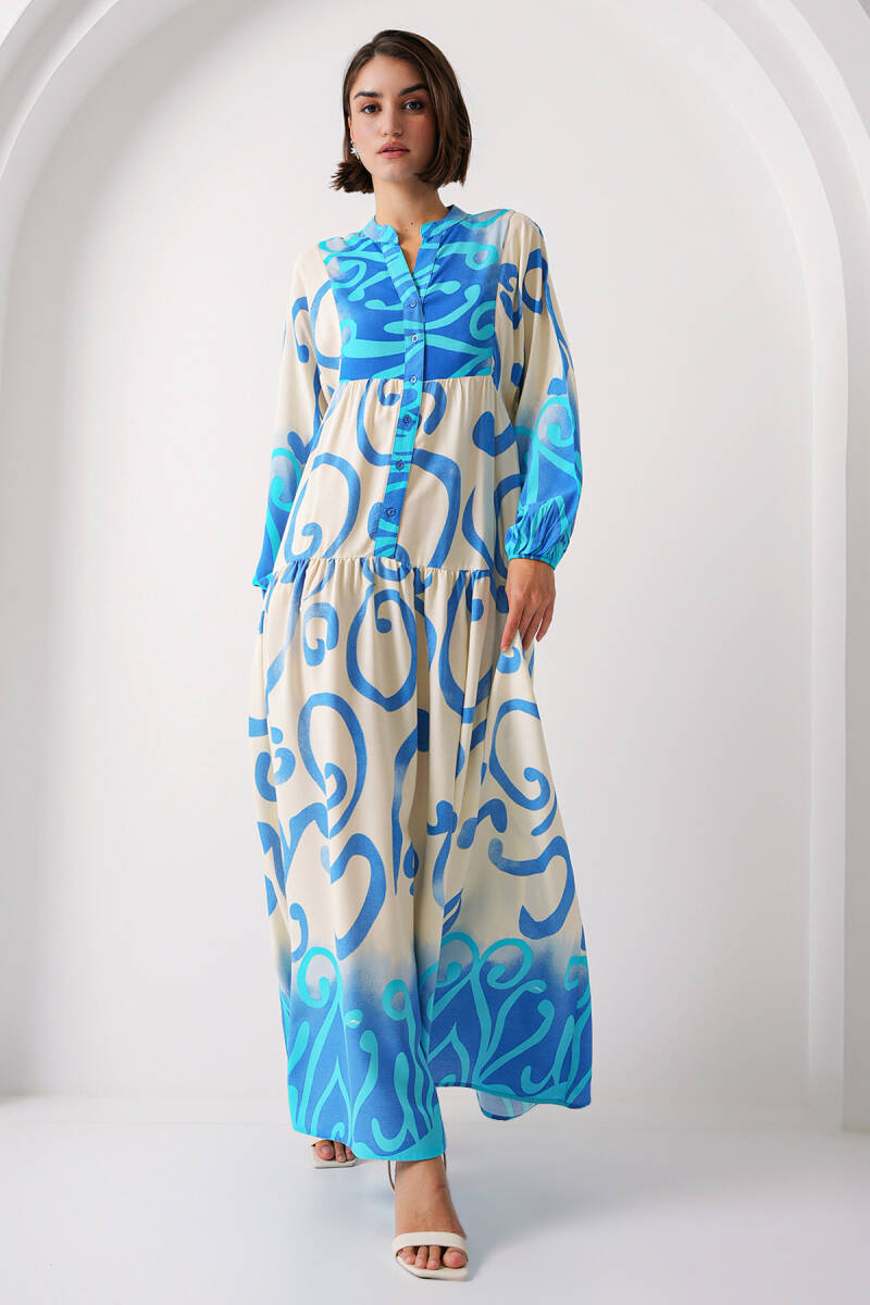 2423 Otantik Desenli Tesettür Elbise - C.Mavi - BİGDART