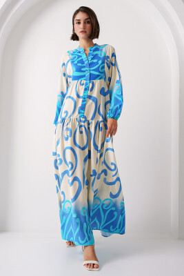2423 Otantik Desenli Tesettür Elbise - C.Mavi 
