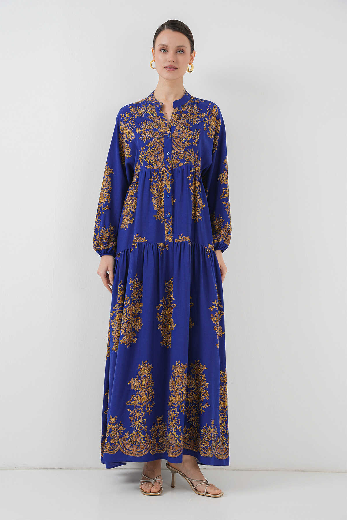 Saks Gold Desenli Tesettür Elbise 2423 - 3