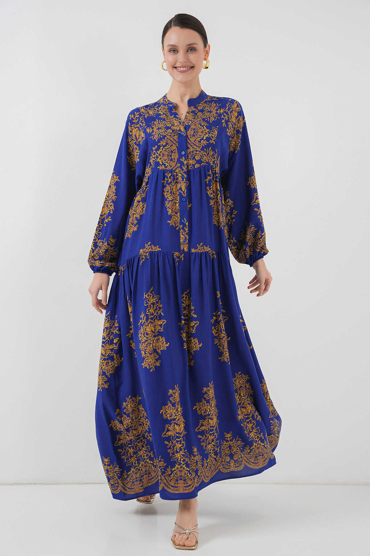 Saks Gold Desenli Tesettür Elbise 2423 - 4