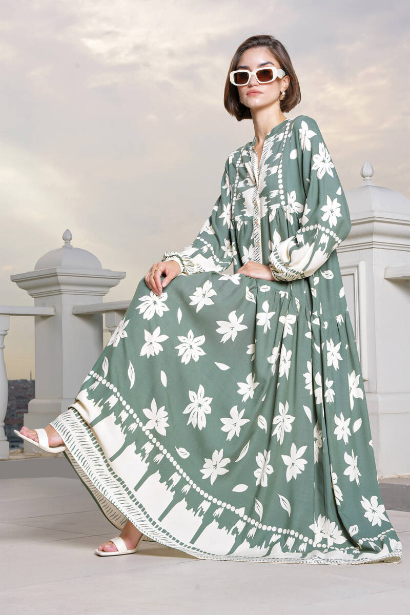 2423 Otantik Desenli Tesettür Elbise - Çağla - BİGDART