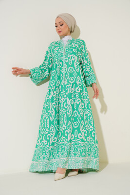 2423 Otantik Desenli Tesettür Elbise - C.Yeşil - BİGDART