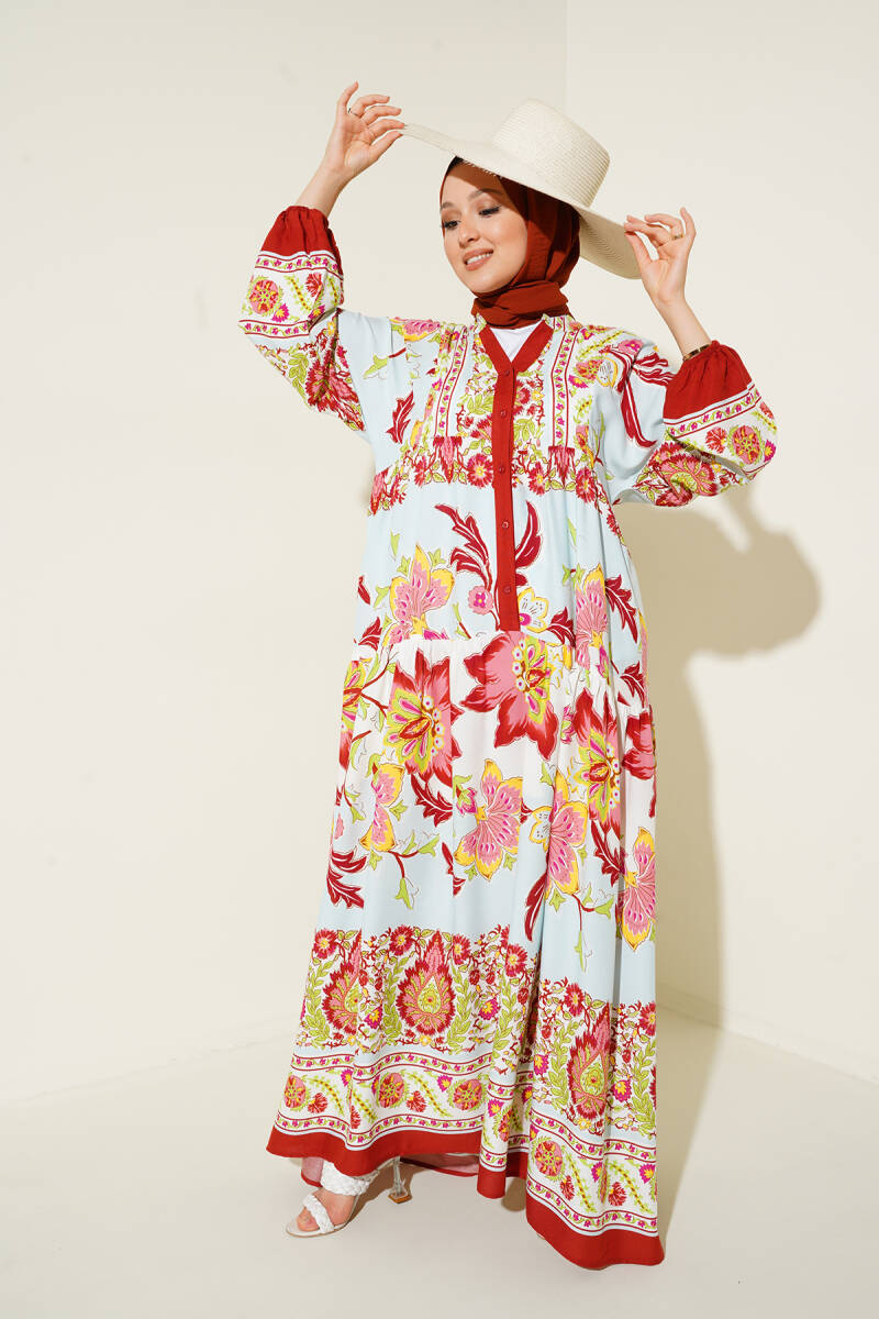 2423 Otantik Desenli Tesettür Elbise - D. Bordo - BİGDART