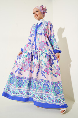 2423 Otantik Desenli Tesettür Elbise - D.Lacivert - BİGDART