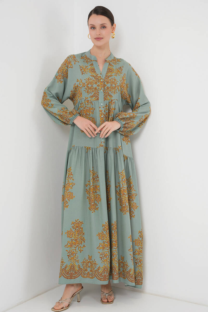 Mint Gold Desenli Tesettür Elbise 2423 - BİGDART