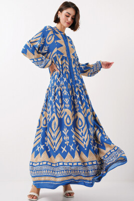 2423 Otantik Desenli Tesettür Elbise - F.Mavi 