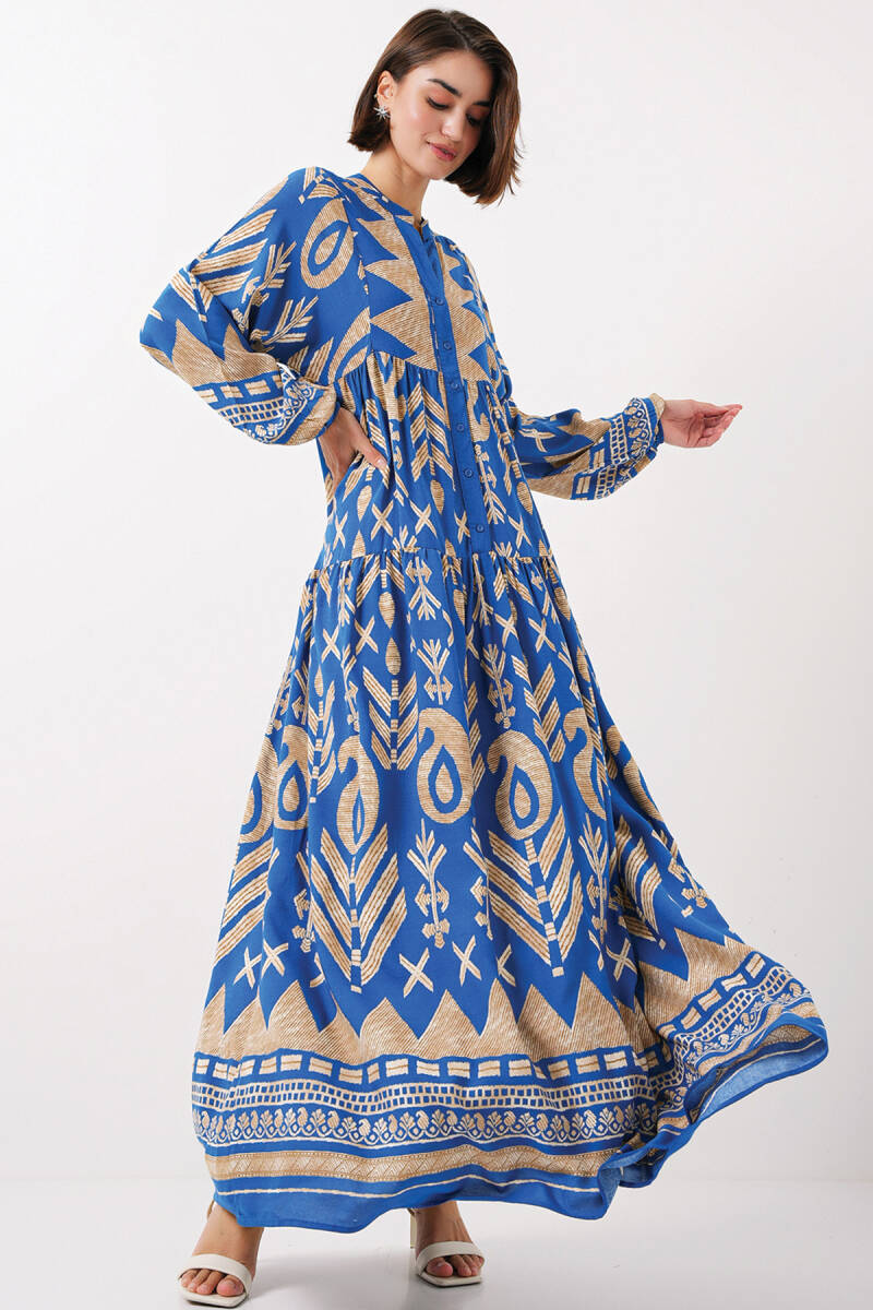 2423 Otantik Desenli Tesettür Elbise - F.Mavi - BİGDART