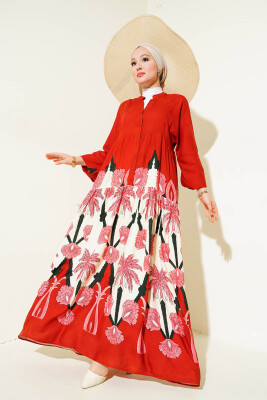 2423 Otantik Desenli Tesettür Elbise - F.Bordo 