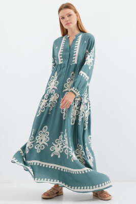 2423 Otantik Desenli Tesettür Elbise - F.Mint 