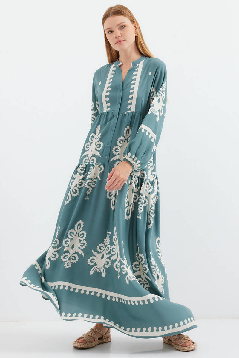 2423 Otantik Desenli Tesettür Elbise - F.Mint - BİGDART