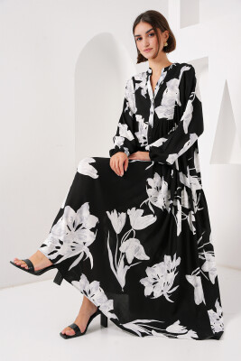 2423 Otantik Desenli Tesettür Elbise - J. Siyah 