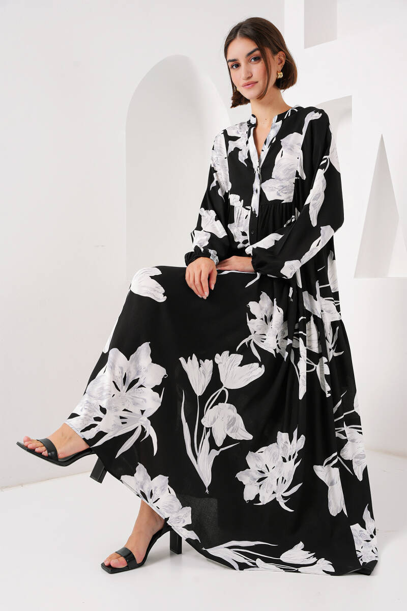 2423 Otantik Desenli Tesettür Elbise - J. Siyah - BİGDART